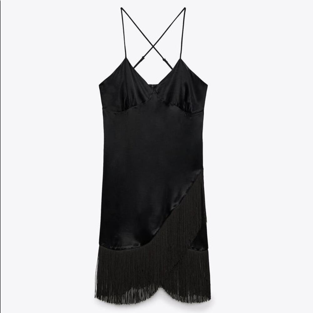 ZARA FRINGED SLIP DRESS BLACK - Picture 11 of 14